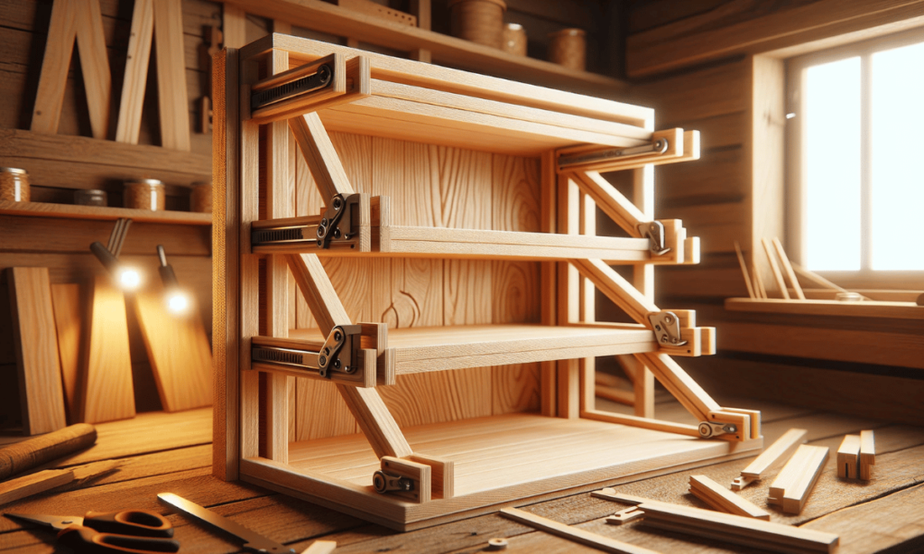 diy wooden contraption shelving with open levers