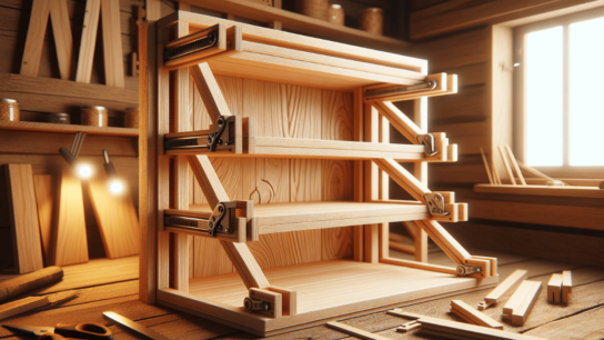 diy wooden contraption shelving with open levers